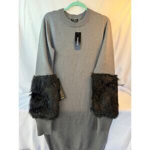 Bebe Faux Fur Cuff Sweater Dress Charcoal Grey Women's XXL READ measurements NWT